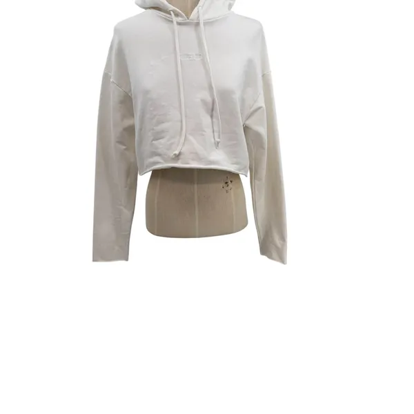 Meshki‎ Cropped Hoodie White Minimal Logo Drawstring Sweatshirt Womens Medium - Image 4