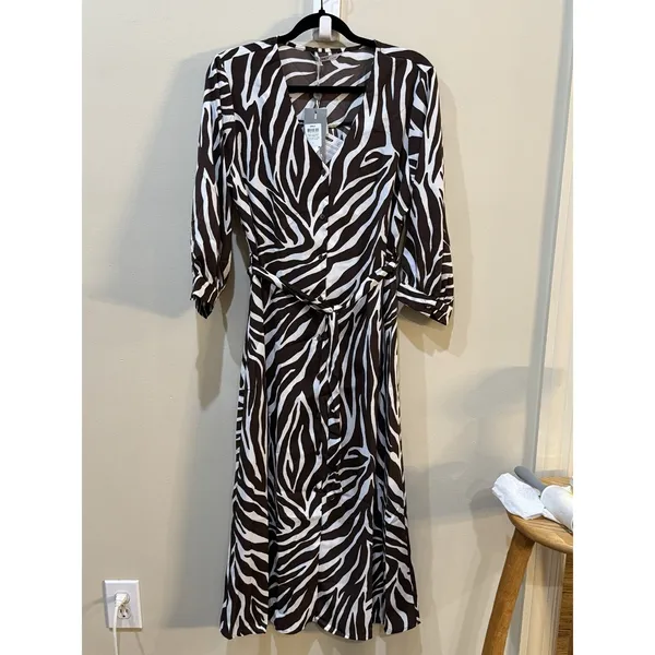 Only Leva Dress15249831 Brown Zebra‎ Belted Shirtdress Size Large Midi - Image 2