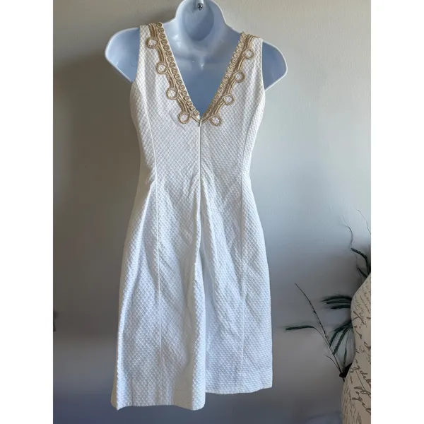 Lilly Pulitzer White Seersucker‎ Gold Soutache V-Neck Shift Dress Size 00 - Image 5