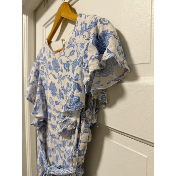 Bohme Blue‎ Floral Toile Ruffle Midi Dress Tie Waist Small - Image 9