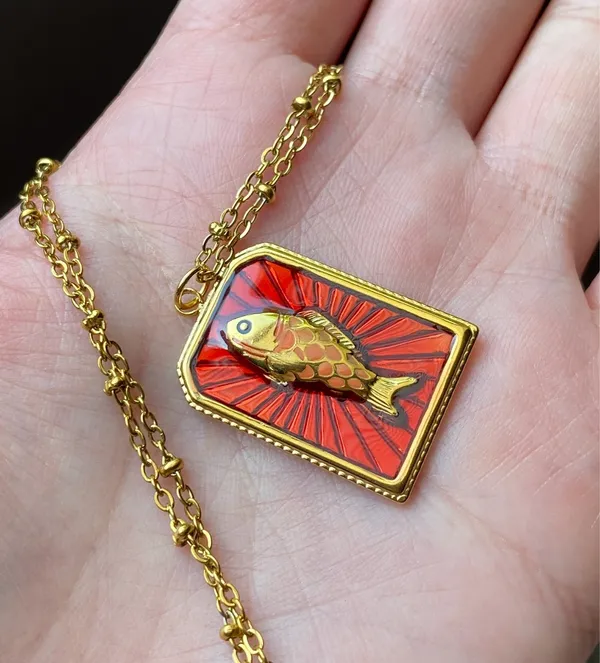 Handmade gold tone stainless steel & enamel fish necklace 🐟🌀 - Image 6