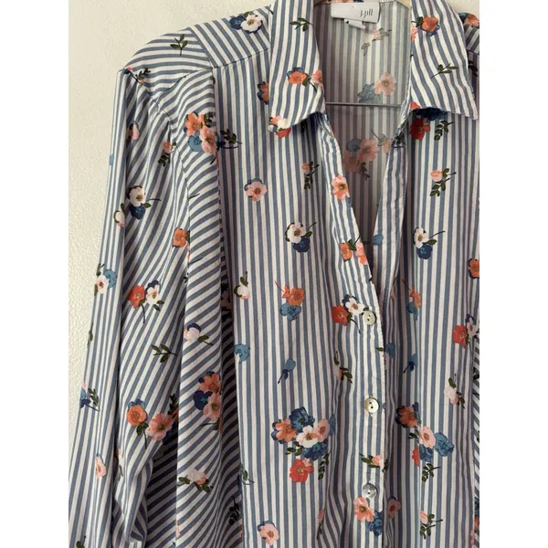 J. Jill Blue Striped Floral Button Front Tunic Top Size Large - Image 3