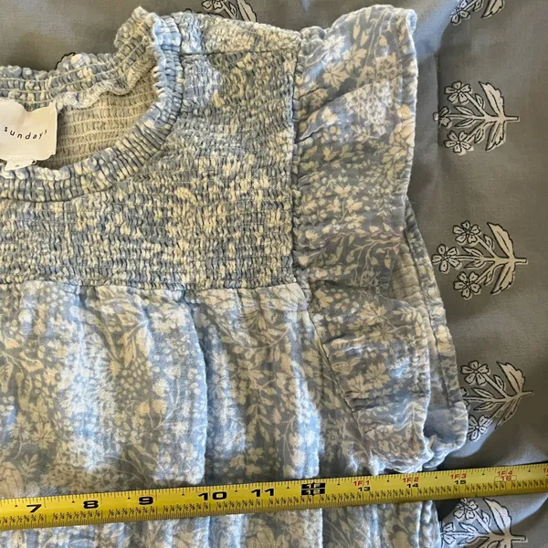 Anthropologie Sundays Shae Dress Blue Floral Smocked Cotton Ruffle Mini‎ Small - Image 5