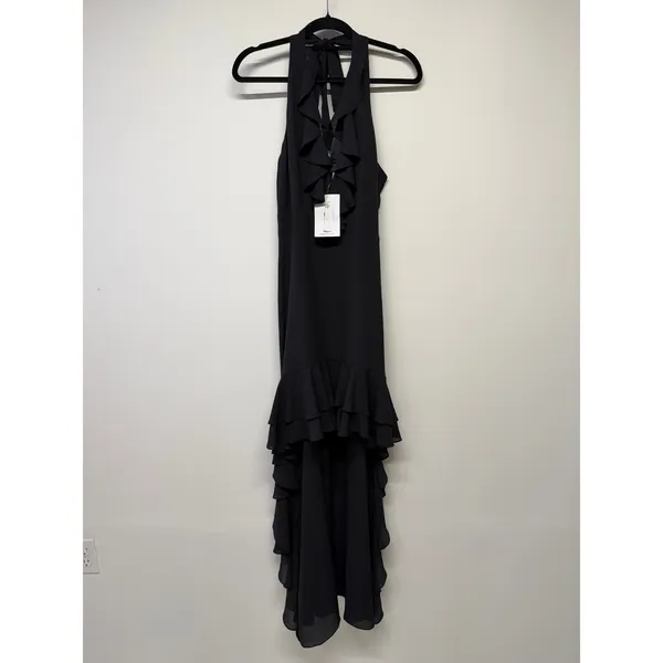 Belle Badgley Mischka Black Halter Maxi Dress Ruffle Backless Size 6 NWT - Image 2