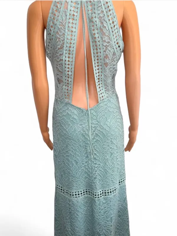 GUESS Sleeveless Mint Lace Halter Maxi Dress. Elegant mint lace halter maxi dress with delicate crochet trim. Soft mint color adds a fresh, feminine look. Halter neckline flatters the shoulders for a polished silhouette. Lightweight lace fabric offers breathable, comfortable wear. Ideal for weddings, garden parties, or special occasions. - Image 4