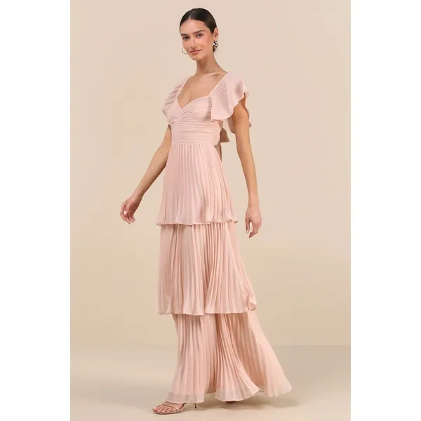 Lulus Notorious Charm Blush Pleated Flutter Sleeve Maxi Dress Size XS Formal - Image 4