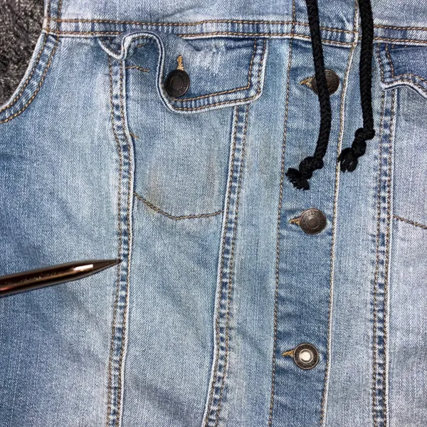 Denim Hoodie Jacket Women M Blue Gray Mixed‎ Media Grunge Street Indie Outerwear - Image 4