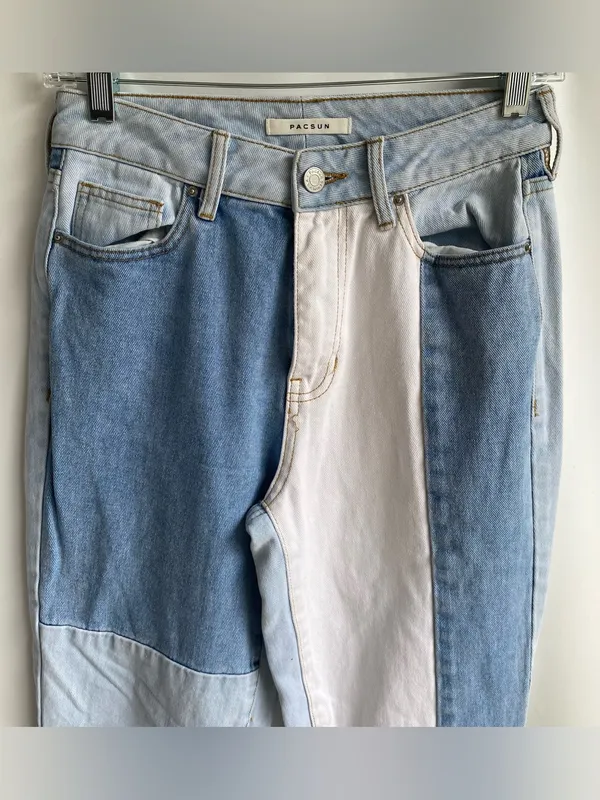 PacSun mixed denim patchwork high waist mom jeans retro boho fall winter 25 - Image 5