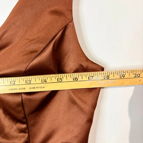 Miss Veil Satin Tea Length Dress Bow Detail Double V Neck Formal Brown Small NWT - Image 5