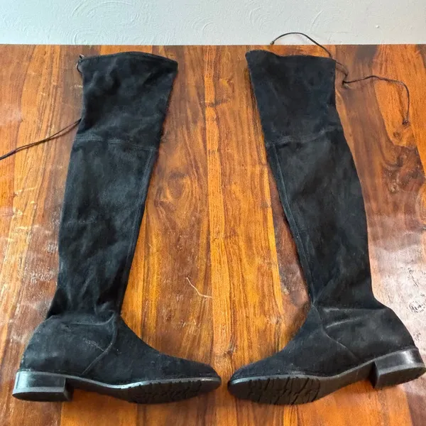 Stuart Weitzman Lowland Black Suede Over the Knee Boots‎ Womens 9 M Low Heel Tie - Image 8