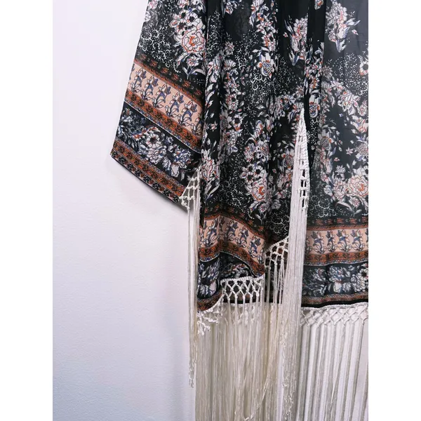 Abercrombie Boho Fringe Kimono Size XS Black Hippie Festival Coachella Western - Image 11