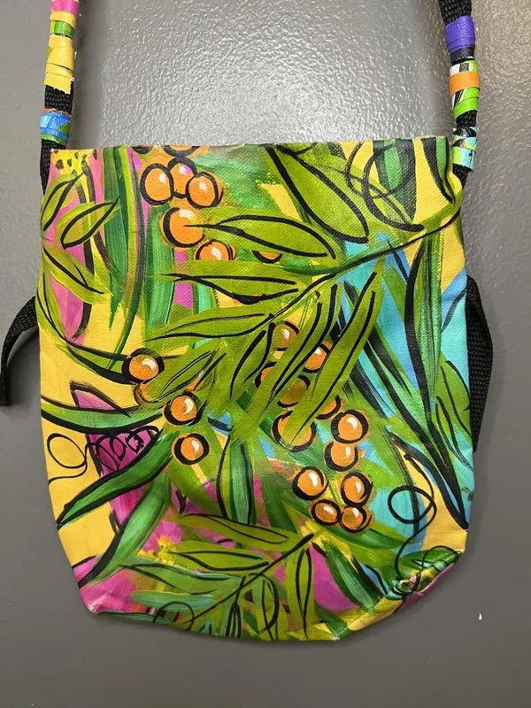 Linda Rovolis Crossbody Bag Womens Small Multicolor Canvas Tropical Hand Painted - Image 2
