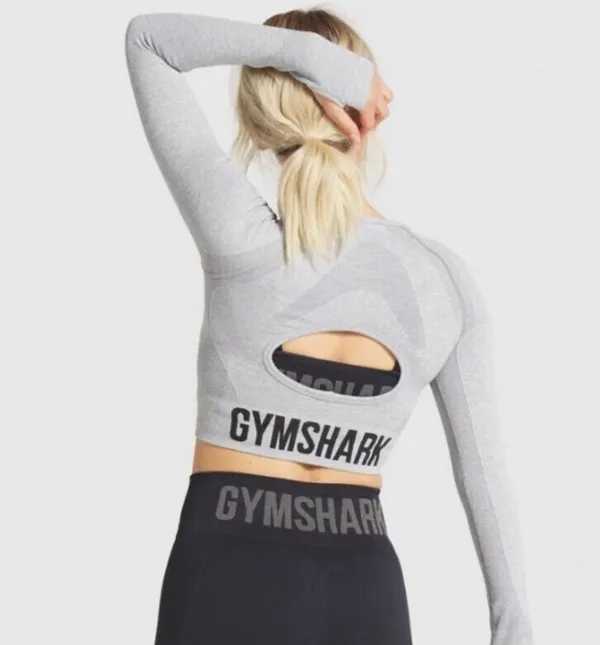 Gymshark Flex Sports Long Sleeve Crop Top Light Grey Marl - Image 2