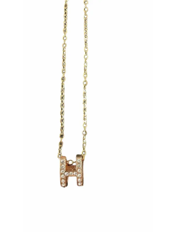 Women's Unbranded Gold Tone H Initial Necklace with Clear Stones, One Size - Image 2