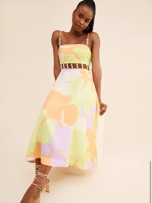 Amur Pastel Floral Midi Dress with Beaded Waist Straps - Yellow Green - Image 4