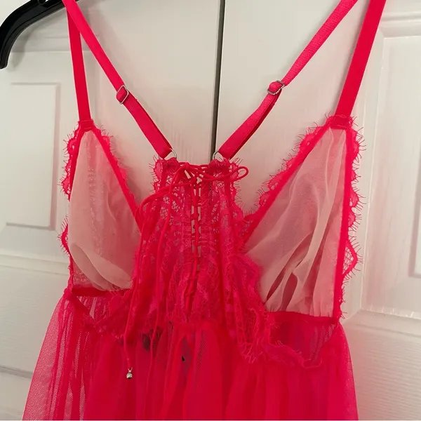 Victoria’s Secret Neon Pink Sheer Lace Babydoll Slip Sz Medium Intimates - Image 10