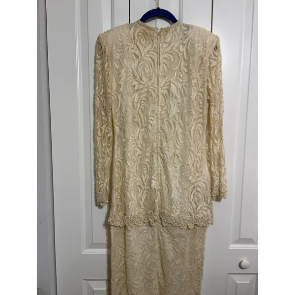 Vintage Maxi‎ Dress Lace Beaded Cream Elegant Evening Gown 80s 90s OS - Image 10