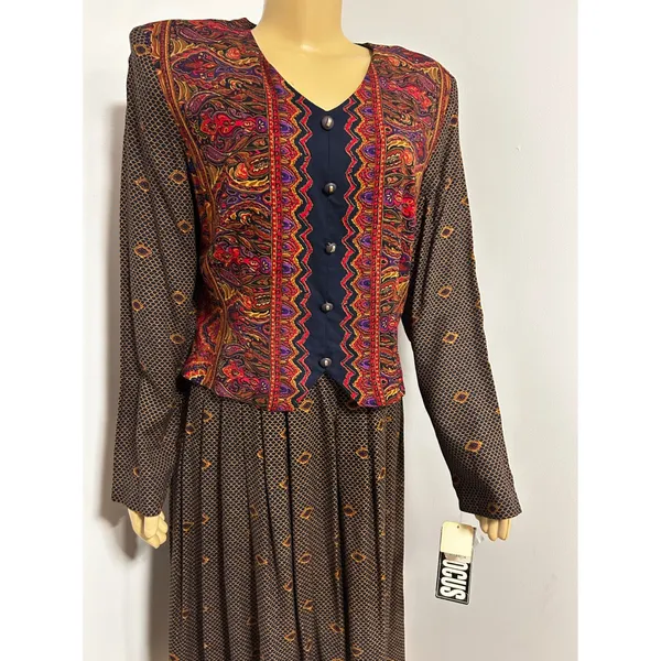 Vintage First Focus NWT Paisley Geometric Maxi Dress Brown Red Size 13/14 Retro - Image 4
