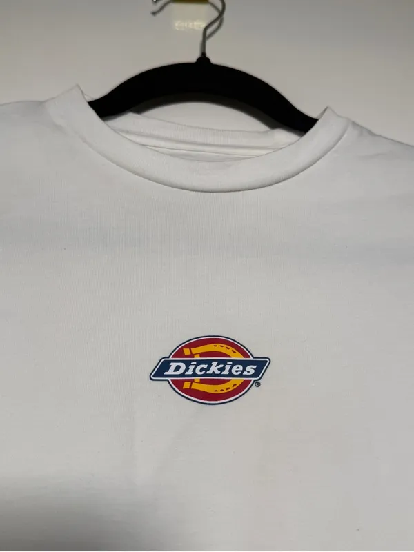 Dickies White Cropped Crewneck Tee with Black Logo Print Womens Medium - Image 2