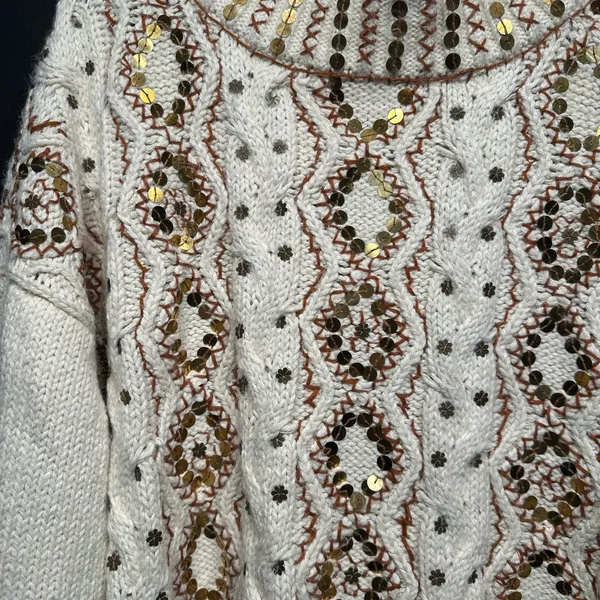 Free People Guilded Cream and Gold Embroidered Sweater - Image 3