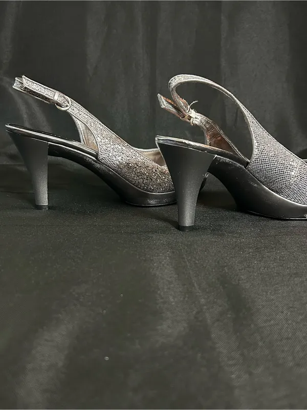 Nine West Women’s Silver Glitter Slingback Peep-Toe Heels 7.5 - Image 7