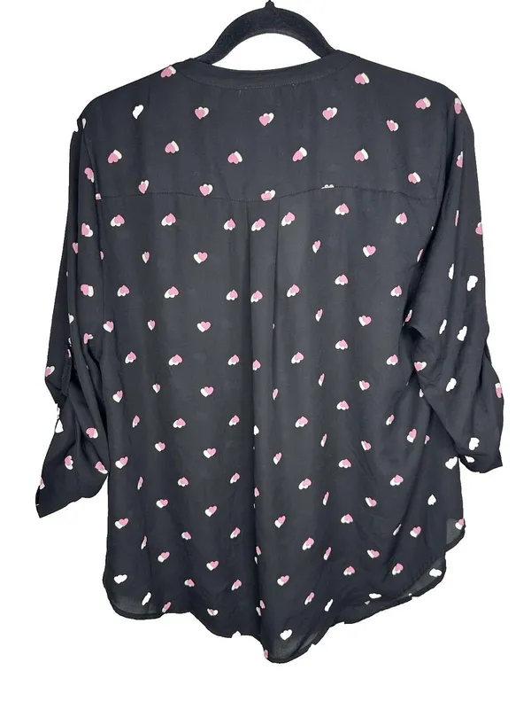 Torrid Shirt Womens Large Heart Print Split Neck 3/4 Sleeve Blouse Black Harper - Image 5