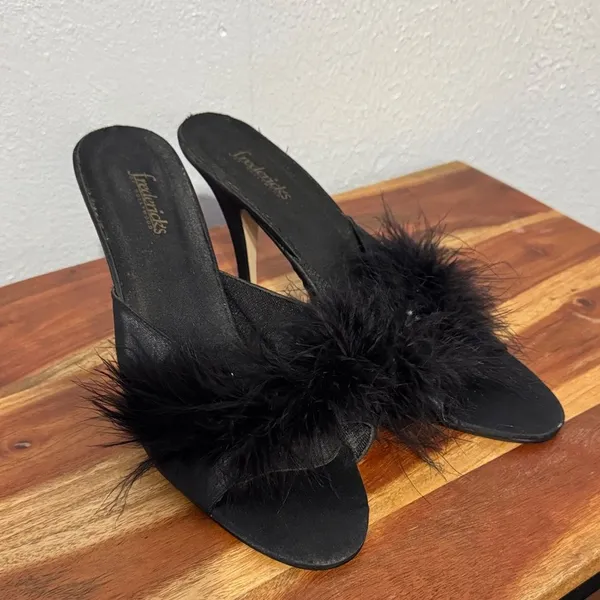 Vintage Y2K Frederick's of Hollywood Black Marabou Feather Satin Peep Toe Heel - Image 15