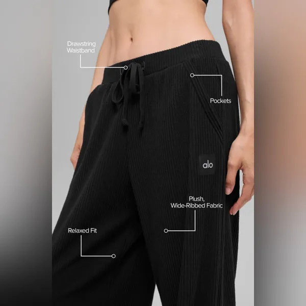 Alo NWT Muse Wide Leg Pants Black & Drawstring, Pockets Size S - Image 3