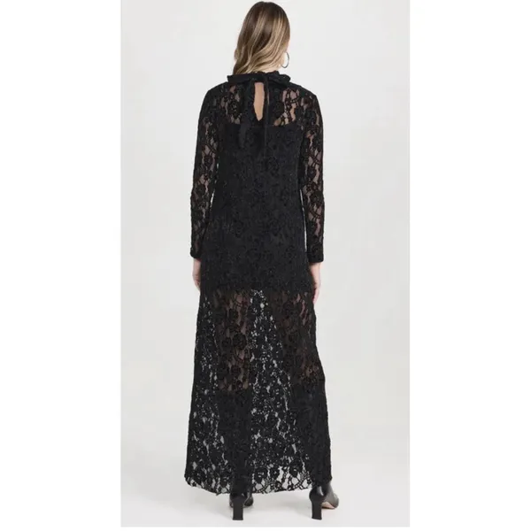 ALOHAS Tiban Black Lace Maxi Dress Mock Neck Bow Size Medium Velvet Long Sleeve - Image 2