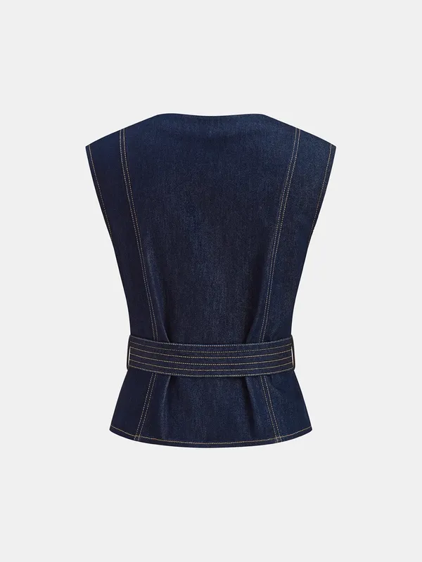Commense Denim Belted Sleeveless Vest Blue Size L NWT - Image 2