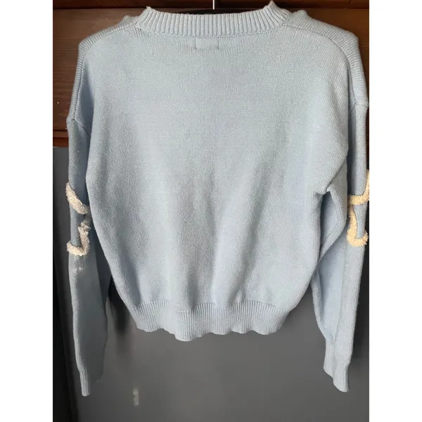 Dreamers by Debut Pastel Chenille Star Knit Sweater Light Blue Crewneck Small - Image 2
