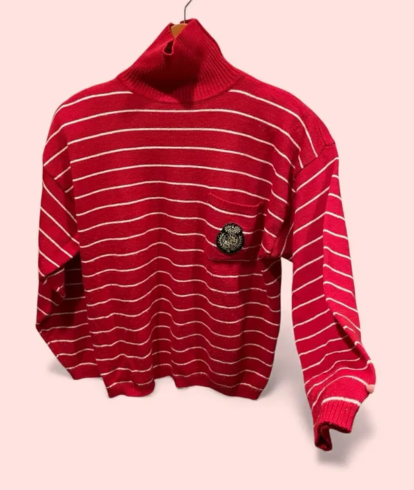 Cute vintage 80’s Chaus striped red white turtleneck sweater wool blend crested - Image 2