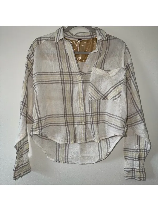 Free People Cutie Plaid Button Down Cream and yellow size small - Image 9