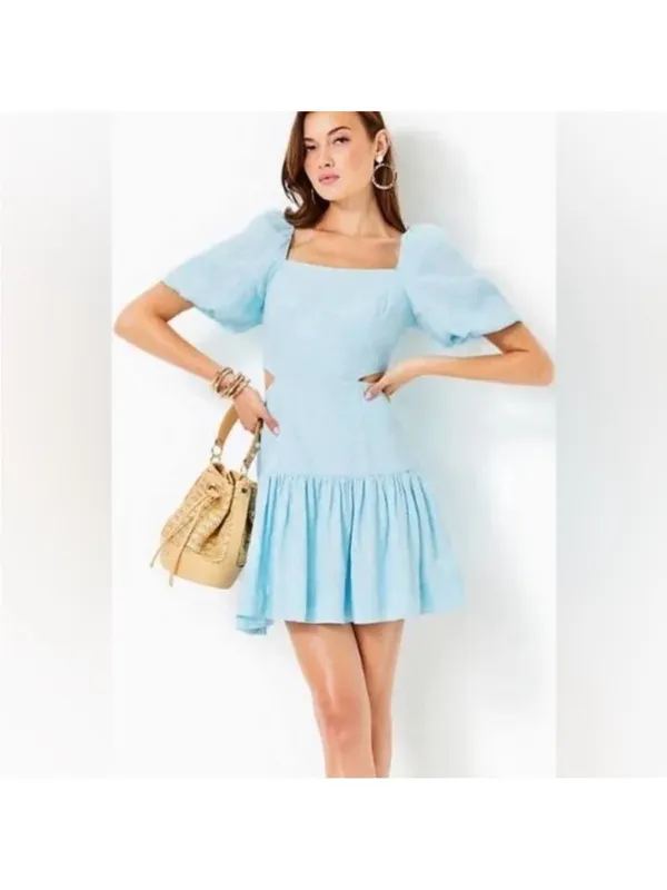 Lilly Pulitzer Kylanne Embroidered Linen Mini Dress Baby Blue Cutout Size 12 NWT - Image 10