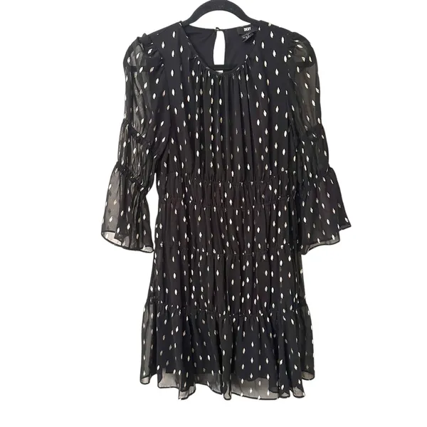 DKNY Metallic Chiffon Mini‎ Dress Black Gold Sz 6 - Image 2