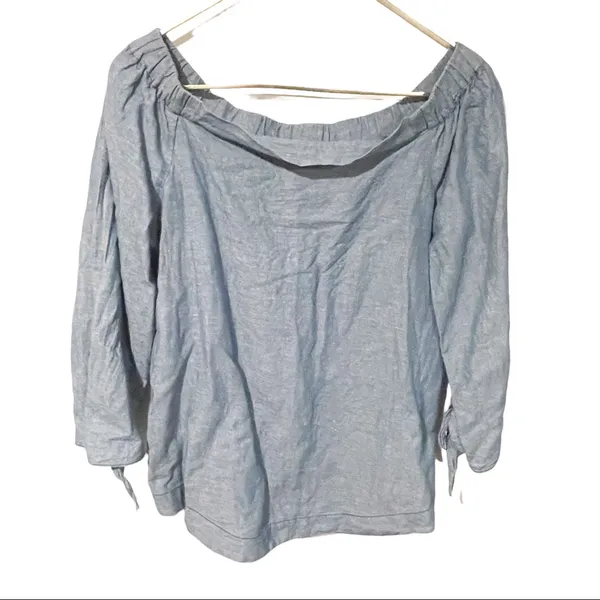 Free People‎ Small Linen Chambray Denim Show Some Shoulder Tie Wrist Tunic Top - Image 2