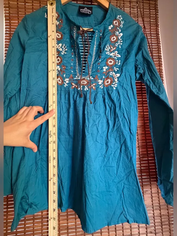 NWOT Vintage Angie Teal Embroidered Boho Tunic Top Medium - Image 6