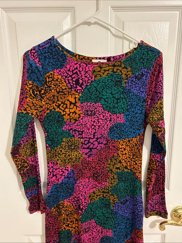 Farm Rio Rainbow Mix Jersey Dress Ribbed Knit Long Sleeve Midi New Size Medium - Image 5