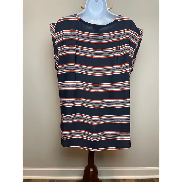Ann Taylor Blouse Size L Navy Orange Stripe Scoop Neck Cap Sleeve Lightweight - Image 3