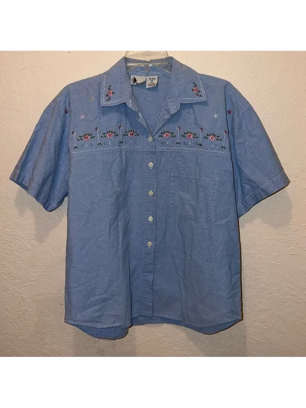 Vintage Floral Embroidered Button Down Shirt cottagecore grandma boho - Image 3