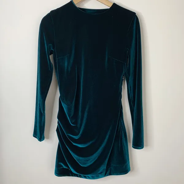 House of CB Maroush Velvet Teal Backless Mini Longsleeve Dress Womens Small - Image 3