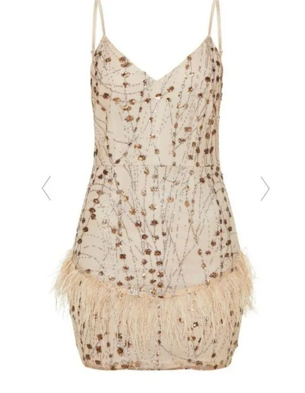 Prettylittlething Sequin Glitter Embellished Feather Trim Bodycon Dress - Image 2
