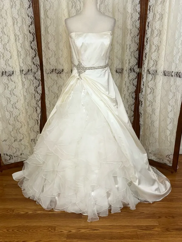 Beautiful David’s Bridal Strapless Satin & Organza Ruffle Wedding Gown - Image 2