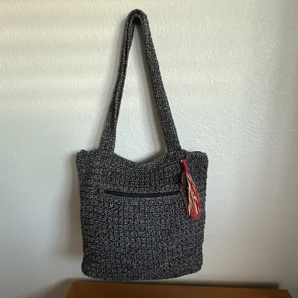 The Sak Lanie Market Tote Purse Crocheted Shoulder Bag Black Brown 14"x12" - Image 4