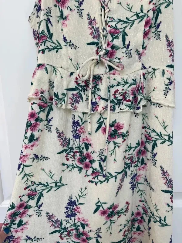 American Eagle Outfitters Cream Floral Tie-Front Mini Dress - Image 4