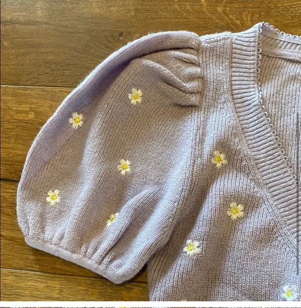 NWOT For Love & Lemons Purple Puff Sleeve Cardigan with Floral Embroidery - Image 3