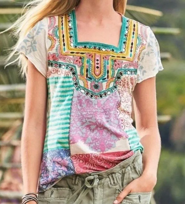 Sundance World Citizen Patchwork Crochet Detail Short Sleeve Top Size Medium - Image 11