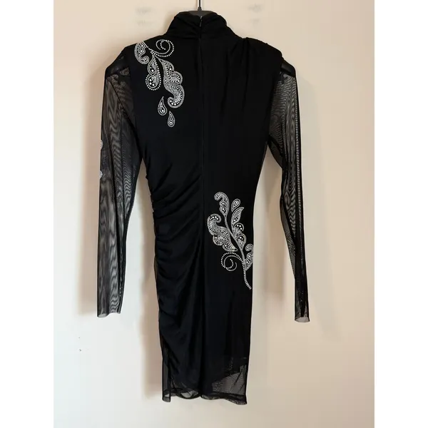 Cinq a Sept Studded Dress Womens 4 Black Mesh Mock Neck Ruched Long Sleeve - Image 3