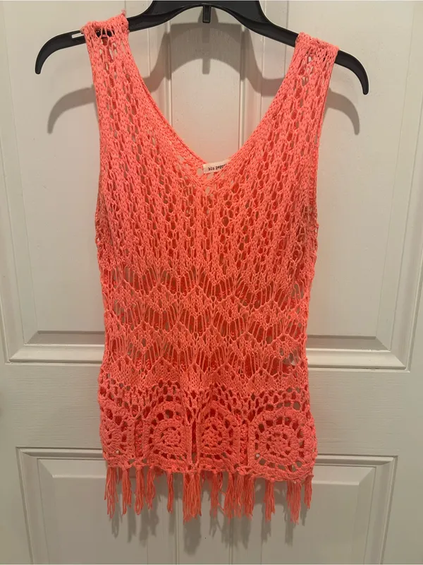 Blu Pepper Coral Crochet Fringe Tank Cover-Up - Image 4