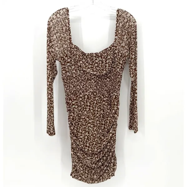 Le Lis Floral Mesh Shirring Dress Womens M Brown Ruched Coquette Fairycore Boho - Image 6
